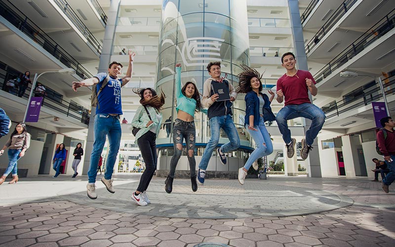 Grupo diverso de estudiantes universitarios, incluyendo personas en silla de ruedas, con bastón blanco y con intérprete de lengua de señas, trabajando colaborativamente